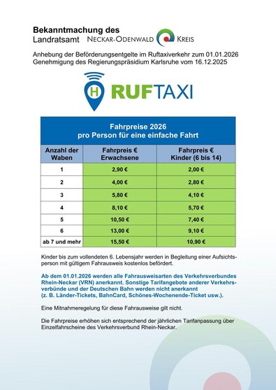 Ruftaxi Preistafel 2026